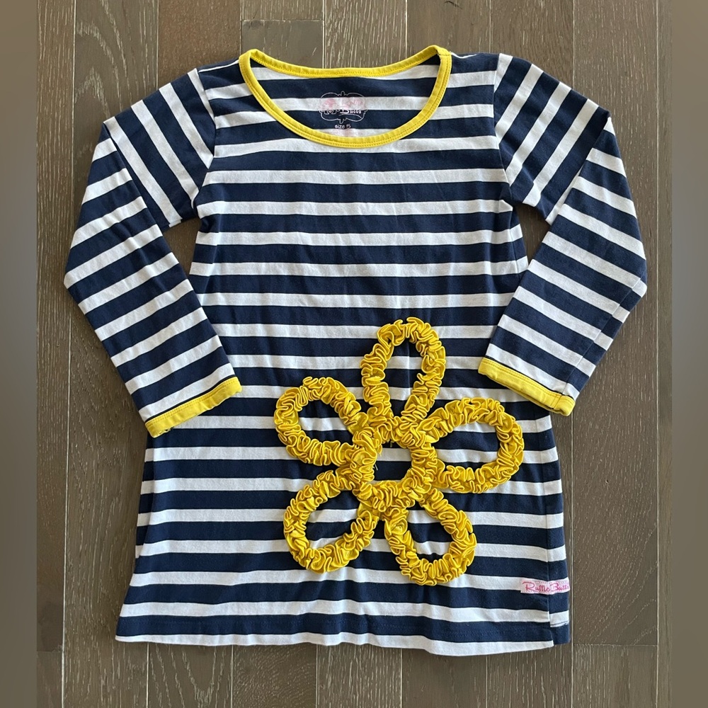 Ruffle Butts Navy and Yellow Striped Long Sleeve Shirt Dress